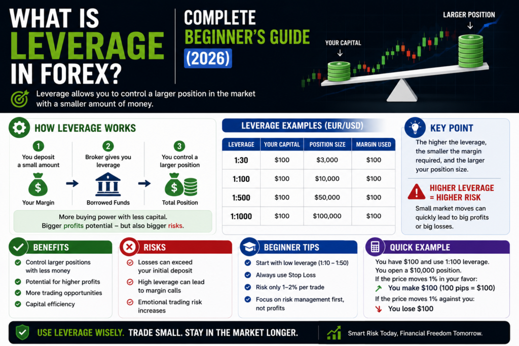 What is leverage in forex? Full guide to how leverage works, margin explained, leverage ratios, risks, how much leverage beginners should use