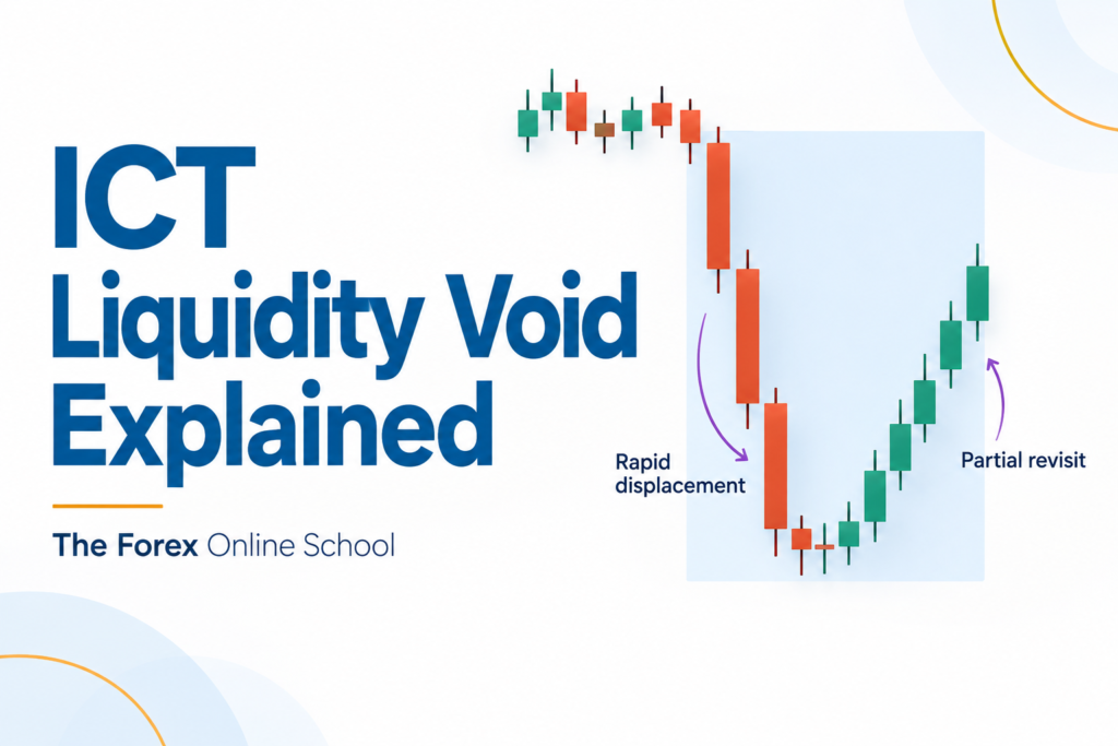 Conceptual candlestick chart showing a rapid bearish displacement and a later partial upward revisit of the marked liquidity void.