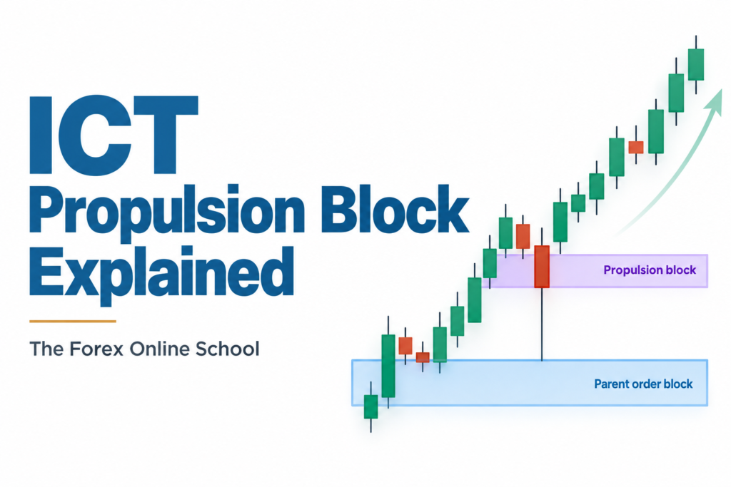 Conceptual bullish candlestick sequence showing a newer propulsion candle touching an older parent order block before continuation.