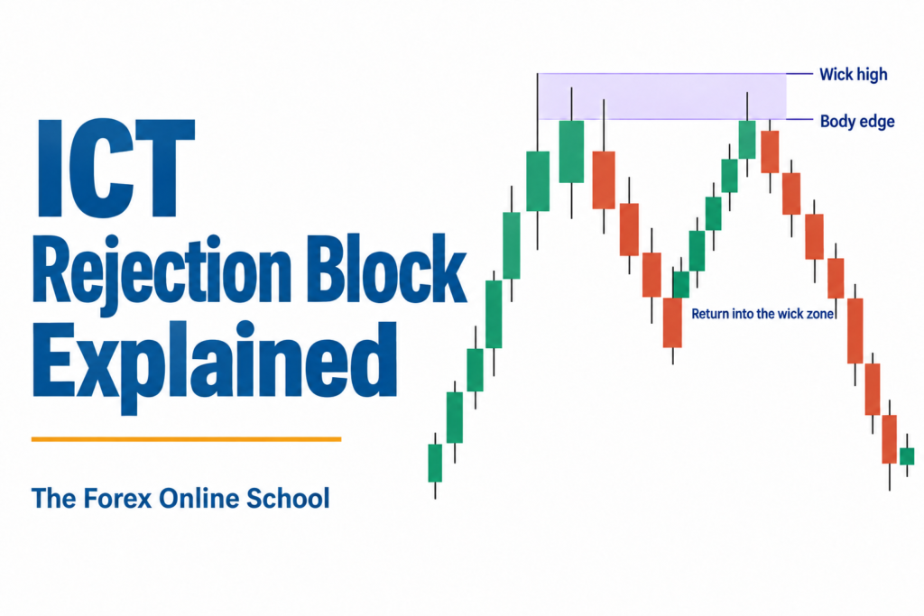 ICT Rejection Block cover showing an upper-wick zone between the highest body edge and wick high, followed by a return into that zone.