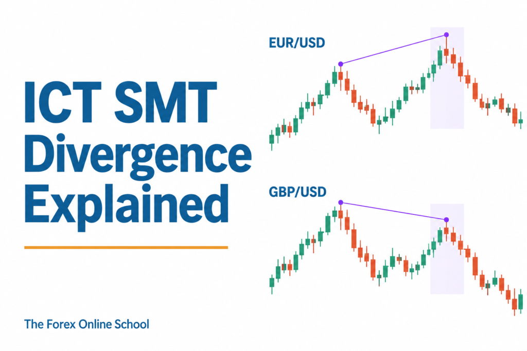 ICT SMT Divergence Explained cover with EUR/USD making a higher high and GBP/USD making a lower high.